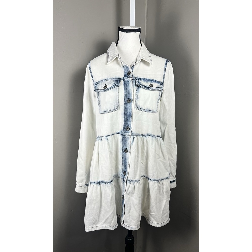 Free People Nicole Denim Shirt Dress S Blue Washed Boho Tiered Tunic Babydoll